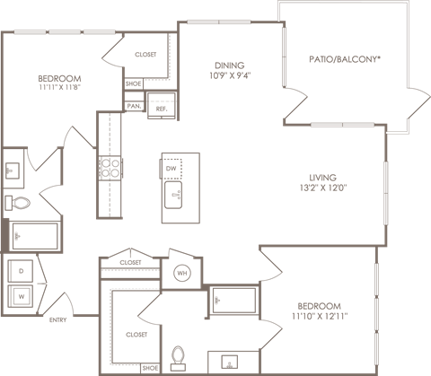Floor plan for 2 beds, 2 baths, 1293 sqft
